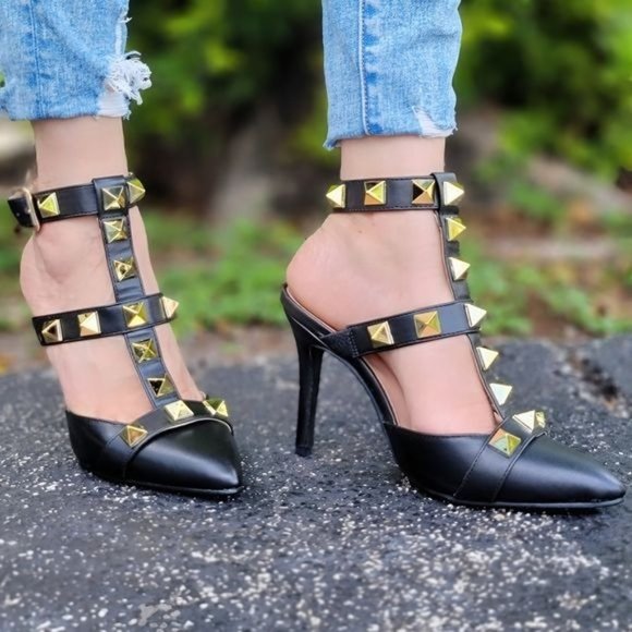 Shoes - Women's Black Rockstud Ankle Strap Pump